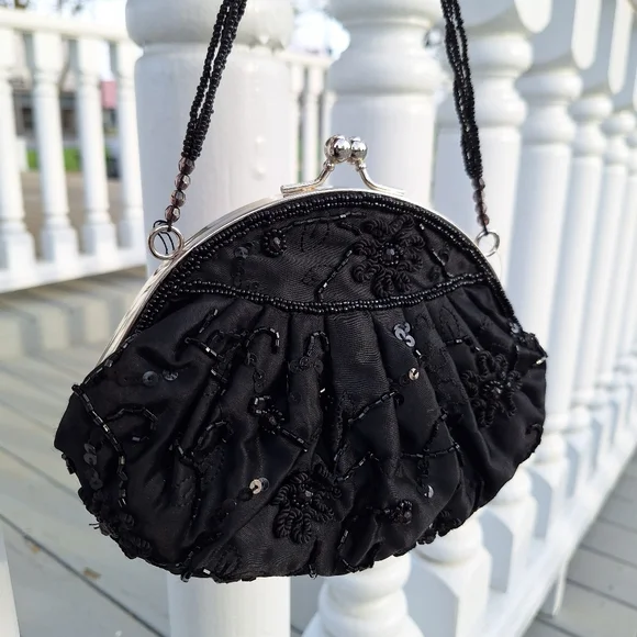 Beaded Mini Bag Black Sequin Kisslock Le Regale Classic Vintage Satin Purse - Picture 13 of 15